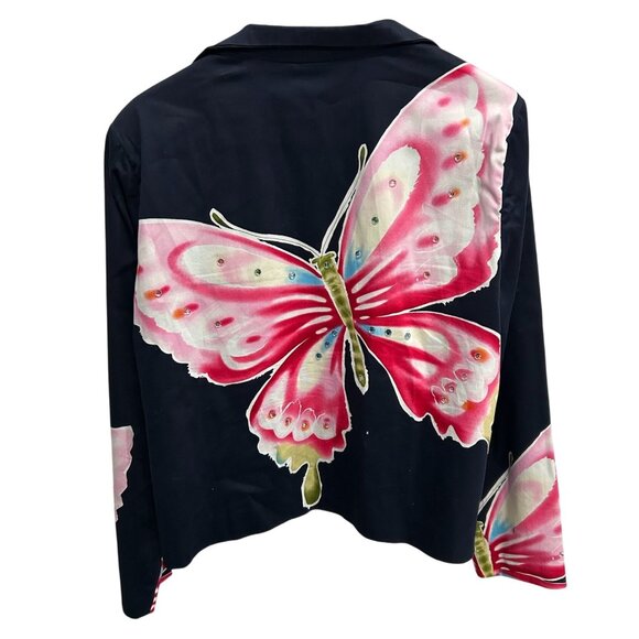Vintage Elyse Hart Ltd Butterfly Print Navy Jacket Vibrant Pink Accents Sz Large - Picture 2 of 7